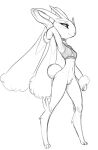  2020 anthro black_and_white bottomless bottomless_anthro bottomless_female clothed clothing crop_top crotch_tuft female full-length_portrait genitals hand_behind_head hi_res lagomorph long_ears looking_at_viewer lopunny mammal monochrome nintendo pok&eacute;mon pok&eacute;mon_(species) portrait pussy shirt sketch smile solo standing topwear tuft video_games w4g4 