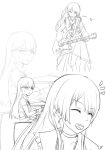  2girls bang_dream! bang_dream!_it&#039;s_mygo!!!!! chihaya_anon chinese_commentary closed_eyes commentary_request dazhong_(dazhong02312) earrings electric_guitar greyscale guitar heart highres instrument jacket jewelry long_hair long_sleeves monochrome multiple_girls open_mouth playing_drum shiina_taki skirt sweatdrop zoom_layer 
