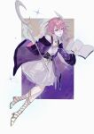  1girl 3820334682 absurdres bare_shoulders book breasts ceremonial_blade_(honkai:_star_rail) chinese_commentary coat commentary_request cyrene_(honkai:_star_rail) dress hair_ornament highres holding holding_book holding_staff honkai:_star_rail honkai_(series) jewelry necklace open_book pink_hair purple_background purple_coat sandals short_hair small_breasts solo staff two-tone_background white_background white_dress 