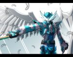  1boy amakawa_mayu angel_wings armor armored_gloves belt bodysuit commentary_request cowboy_shot feathered_wings feathers gloves glowing glowing_eyes gun helmet highres holding holding_weapon holy_live kamen_rider kamen_rider_live kamen_rider_revice livegun male_focus tokusatsu two_sidriver visor visor_(armor) weapon white_background wing_genome wings 