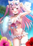  1girl :3 :d adjusting_eyewear ahoge alternate_costume animal_ears arm_up armpits bikini black_choker blue_sky breasts cameltoe cat_ears cat_girl choker cleavage cloud commentary_request extra_ears faubynet frilled_bikini frills front-tie_bikini_top front-tie_top heart heart-shaped_eyewear heart_o-ring highleg highleg_bikini highres holding holding_swim_ring indie_virtual_youtuber large_breasts long_hair looking_at_viewer maid_headdress navel o-ring o-ring_thigh_strap open_mouth outdoors palm_leaf pink_hair pink_nails purple_eyes side-tie_bikini_bottom sky smile solo stomach sunglasses swept_bangs swim_ring swimsuit thigh_strap two_side_up white_wrist_cuffs wrist_cuffs yuuki_sakuna 