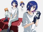  1boy blue_hair blush boots colored_inner_hair conch_(gundam) deformed gloves gundam gundam_gquuuuuux highres looking_at_viewer lower_eyelashes_only male_focus multicolored_hair multiple_views non-humanoid_robot o6nuqm pants purple_hair red_eyes robot shirt short_hair shuji_ito smile solo_focus two-tone_hair white_shirt 
