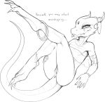  2020 anklet anthro anus black_and_white blep dialogue english_text female flat_chested full-length_portrait genitals hi_res horn_jewelry jewelry kobold line_art looking_at_viewer lying monochrome mostly_nude on_back one_leg_up portrait pussy raised_leg scalie solo text tongue tongue_out w4g4 