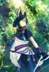  1boy animal_ear_fluff animal_ears asymmetrical_sleeves black_gloves black_hair blue_pants blue_shirt blunt_ends bow_(weapon) closed_mouth commentary_request cowboy_shot day flower forest fox_boy fox_ears fox_tail genshin_impact gloves green_eyes green_hair hair_between_eyes highres holding holding_bow_(weapon) holding_weapon looking_to_the_side male_focus medal multicolored_hair nature outdoors pants shirt short_hair solo standing streaked_hair sunlight tail tanutokonaki tighnari_(genshin_impact) vision_(genshin_impact) weapon yellow_flower 