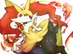  1girl animal_collar animal_ear_fluff animal_ears animal_hands animal_nose artist_name ass_visible_through_thighs blonde_hair bow braid braixen breasts closed_mouth collar colored_tips commentary english_commentary fang fang_out fire fox_ears fox_girl fox_tail furry furry_female hair_bow hair_ornament hair_over_one_eye hair_over_shoulder happy looking_at_viewer multicolored_hair narrow_waist no_pussy pokemon pokemon_(creature) red_bow red_eyes red_hair short_hair signature simple_background single_braid small_breasts smile snout solo split_mouth stick tail thick_thighs thigh_gap thighs thwillartz twitter_username two-tone_hair white_background wide_hips 