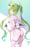  1girl absurdres alternate_costume ass back bikini black_bow black_horns black_tail blue_archive blush bow bracelet breasts choker commentary_request cowboy_shot demon_horns demon_tail ear_piercing fang frilled_bikini frills from_side green_hair green_halo hair_bow halo highres horns jewelry jogabi long_hair looking_at_viewer medium_breasts nozomi_(blue_archive) open_mouth piercing pointy_ears sideboob sidelocks skin_fang solo standing swimsuit tail tail_ornament tail_piercing thigh_strap twintails very_long_hair white_bikini white_bow white_choker yellow_eyes 