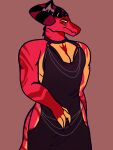 absurd_res chain claws clothing concealing demon dragon dress embarrassed feminization hellaverse helluva_boss hi_res horn inhabitedartist invalid_tag male mythological_creature mythological_scalie mythology red_body satan_(helluva_boss) scalie solo