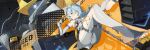  1girl absurdres aqua_eyes ass breasts clothing_cutout elbow_gloves gloves grey_hair highres knees_apart_feet_together long_hair mecha mole mole_on_shoulder robot seed_(zenless_zone_zero) side_cutout small_breasts smile soles solo stirrup_legwear thigh_cutout toeless_legwear yeon_bom zenless_zone_zero 