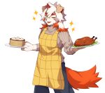 1boy absurdres apron arknights bamboo_steamer brown_sweater colored_tips commentary_request fang fermata_alt food furry furry_male grey_pants highres holding holding_food holding_plate horns hung_(arknights) komainu_boy komainu_ears komainu_tail male_focus mittens multicolored_hair one_eye_closed open_mouth pants plate single_horn smile sparkle steamed_bun sweater white_background white_mittens yellow_apron 