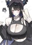  1girl 2girls abs absurdres alternate_costume asymmetrical_horns black_hair black_jacket black_sports_bra blue_hair blush bottle breasts cellphone chibi cleavage closed_mouth clothes_lift colored_inner_hair commentary crop_top crystal_horns demon_horns drinking english_commentary ewn flower highres holding holding_phone hololive hololive_english horn_flower horns jacket large_breasts long_hair looking_at_phone looking_at_viewer mole mole_under_eye multicolored_hair multiple_girls navel nerissa_ravencroft ouro_kronii phone red_eyes red_nails shirt simple_background smartphone solo solo_focus sports_bra t-shirt toned toned_female two-tone_hair uneven_horns very_long_hair virtual_youtuber water water_bottle white_background 