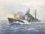  atelier_bono cloud cloudy_sky commentary_request cruiser firing heavy_cruiser highres imperial_japanese_navy military_vehicle no_humans ocean original painting_(medium) rising_sun_flag sailing ship ship_turret sky smokestack sunburst takao_(cruiser) traditional_media vehicle_focus warship watercolor_(medium) watercraft waves 