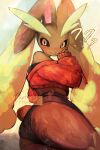  1girl ? ?? animal_ears animal_nose artist_name ass bare_shoulders black_sclera black_shorts black_sports_bra blush body_fur brown_fur colored_sclera commentary cropped_jacket dated english_commentary from_behind furry furry_female hand_up high-waist_shorts highres jacket long_animal_ears long_sleeves looking_at_viewer looking_back lopunny micro_shorts off_shoulder pokemon pokemon_(creature) rabbit_ears rabbit_girl rabbit_tail red_eyes red_jacket short_tail shorts signature skindentation sleeves_past_wrists solo sports_bra surprised tail thick_thighs thighs thwillartz twitter_username two-tone_fur yellow_background yellow_fur 