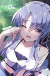  1girl absurdres bare_shoulders belt black_belt black_bow blue_hair blush bow braid breasts collarbone commentary_request crop_top crown_braid day dutch_angle eyelashes fox hair_between_eyes hair_bow hair_ribbon highres inari_(summer_pockets) long_hair looking_at_viewer lower_teeth_only medium_breasts midriff navel one_eye_closed open_mouth outdoors puyopiku red_eyes red_ribbon ribbon shirt short_sleeves sidelocks sleepy solo sorakado_ao squeans summer_pockets tears teeth tsurime twitter_username upper_body very_long_hair waking_up white_shirt 