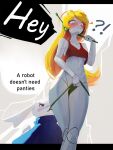  !? absurdres antennae blonde_hair blue_cape blush breasts cape cave_story crop_top curly_brace english_text furry highres jerboa-draws joints long_hair mimiga mouth_pull navel panties panty_pull red_shirt robot robot_joints shirt small_breasts speech_bubble underwear white_eyes 