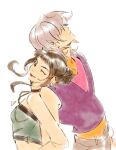  1boy 1girl back-to-back bare_shoulders black_choker black_hair breasts choker couple crop_top earrings eyeliner grey_hair grey_pants hair_bun hair_over_eyes hetero highres hoop_earrings jewelry kpop_demon_hunters makeup medium_breasts medium_hair midriff mmariesr mystery_(kpop_demon_hunter) one_eye_closed orange_shirt pants pink_eyeliner purple_shirt shirt shirt_under_shirt short_bangs sidelocks smile upper_body white_background zoey_(kpop_demon_hunters) 