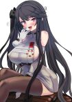  1girl absurdres azur_lane bangs barrel black_hair black_ribbon black_thighhighs blush breasts detached_sleeves dress fang gloves hair_ribbon hand_to_own_mouth hey_taisyou highres large_breasts long_hair looking_at_viewer medal one_side_up open_mouth pamiat_merkuria_(azur_lane) pink_eyes ribbon sideboob simple_background sitting skin_fang solo thighhighs very_long_hair white_background white_dress white_gloves 