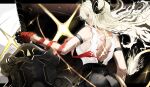  1girl arm_strap ass back black_horns black_pants blonde_hair commentary cowboy_shot curled_horns from_behind greatsword highres holding holding_sword holding_weapon horns letterboxed long_hair looking_at_viewer looking_back necktie necktie_around_wrists pants red_eyes red_necktie shirt solo sword tacet_mark_(wuthering_waves) tail tight_clothes tight_pants torn_clothes torn_shirt tsuaaa weapon white_shirt wuthering_waves zani_(wuthering_waves) 