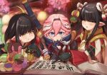  3girls black_hair blue_eyes book dango eating food food_in_mouth food_on_face gloves head_wings hinoa hololive kamura_(armor) long_hair minoto monster_hunter_(series) monster_hunter_rise multiple_girls partially_fingerless_gloves pink_hair pointy_ears reading sanshoku_dango sugishin46 sword takane_lui virtual_youtuber wagashi weapon weapon_on_back yellow_eyes 