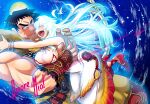  1girl 2boys akariya_kuubu animal_ears artemis_(fate) bara bear_boy bear_ears biceps blush bow_(weapon) breasts closed_eyes commentary_request facing_another fate/grand_order fate_(series) high_heels hug huge_breasts italian_text looking_at_another multiple_boys muscular muscular_male open_mouth orion_(bear)_(fate) red_shoes shoes star_(sky) stiletto_heels super_orion_(fate) sweat translated weapon 