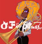  1girl artist_name black_necktie black_pants cephalopod_eyes cowboy_shot dark-skinned_female dark_skin instrument long_sleeves looking_at_viewer multicolored_hair necktie octoling orange_hair pants purple_eyes red_background ribonhaato shirt shirt_tucked_in smile solo splatoon_(series) splatoon_3 suspenders tao_blu_(splatoon) trombone white_shirt 