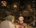 3girls 6+boys absurdres barrel bowl breasts cleavage copyright_name cravali eating food green_hair highres holding holding_bowl holding_food holding_spoon inn jumpsuit ladder made_in_abyss medium_breasts multiple_boys multiple_girls official_art open_mouth pink_hair pink_jumpsuit promotional_art purple_eyes spoon stairs teeth tepaste underboob upper_teeth_only 