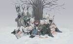  4boys 5girls absurdres alina_(arknights) animal_ears antlers arknights armor bare_tree bear_ears black_cloak black_coat black_hair black_jacket black_mask black_shoes black_shorts blue_pants boots brown_pantyhose chinese_commentary cloak closed_eyes coat commentary_request crownslayer_(arknights) dopperu_ben dragon_horns dress faust_(arknights) frostnova_(arknights) full_body grey_background hair_over_one_eye highres holding holding_hands holding_polearm holding_weapon hood hooded_coat horns jacket kneeling knees_up long_hair mask mephisto_(arknights) misha_(arknights) mouth_mask multiple_boys multiple_girls panties pants pantyhose pantyhose_under_shorts patriot_(arknights) polearm rabbit_ears red_hair red_scarf scarf shoes shorts sidelocks simple_background skullshatterer_(arknights) sleeping smile snow striped_clothes striped_scarf talulah_(arknights) thigh_boots torn_cloak torn_clothes tree underwear weapon white_boots white_dress white_hair white_jacket white_panties white_shorts 