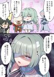  &gt;_&lt; 1boy 1girl bandage_over_one_eye bare_shoulders black_hair black_jacket braid closed_eyes commentary_request dobu_jelly dress glaring grey_eyes grey_hair highres jacket long_hair looking_at_viewer low_twin_braids male_rover_(wuthering_waves) musical_note_ornament partially_shaded_face phrolova_(wuthering_waves) red_pupils rover_(wuthering_waves) smile tacet_discord_(wuthering_waves) translation_request twin_braids white_dress wuthering_waves 