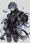  1boy antenna_hair bags_under_eyes belt black_belt black_gloves black_jacket black_shirt blue_hair chandelure closed_mouth collared_jacket commentary cropped_legs crossed_bangs double-parted_bangs empty_eyes flins_(genshin_impact) floating_hair gem genshin_impact gloves grey_pants hair_between_eyes hashtag-only_commentary highres holding holding_lantern jacket lantern litwick long_hair long_sleeves looking_to_the_side male_focus pants parted_lips pokemon pokemon_(creature) shirt sideways_glance sleeve_cuffs solo thigh_belt thigh_strap u2xoz wing_collar yellow_eyes 