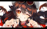  1girl absurdres brown_hair commentary_request eyewear_on_head floating_hair flower-shaped_pupils genshin_impact grin hair_between_eyes hands_up hat highres hu_tao_(cherries_snow-laden)_(genshin_impact) hu_tao_(genshin_impact) jewelry letterboxed long_hair looking_at_viewer nail_polish new_(new_gnsn) official_alternate_costume one_eye_closed red-tinted_eyewear red_eyes red_nails ring round_eyewear smile solo sunglasses symbol-shaped_pupils tinted_eyewear upper_body white_background white_hat 