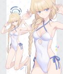  1girl bare_shoulders blonde_hair blue_archive blue_eyes blush braid braided_ponytail breasts cleavage covered_navel dan_(kumadan) halo highres long_hair looking_at_viewer medium_breasts one-piece_swimsuit swimsuit toki_(blue_archive) white_one-piece_swimsuit zoom_layer 