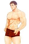  1boy abs bara biceps brown_eyes brown_hair feet_out_of_frame large_pectorals looking_to_the_side maeba_(morbid+lovers) male_focus male_underwear male_underwear_pull manly mature_male muscular muscular_male navel navel_hair nipples no_pants original pectorals scar scar_on_face scar_on_stomach short_hair simple_background solo spiked_hair teeth thick_arms topless_male underwear veins veiny_arms white_background 