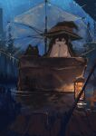  1girl 1other absurdres bandages black_cape black_cat cape cat chomusuke dress hat head_on_knees highres kono_subarashii_sekai_ni_shukufuku_wo! koukouya lamp looking_down looking_up megumin night night_sky outdoors pet rain red_dress sad short_hair_with_long_locks sitting sky staff umbrella under_umbrella water_drop witch_hat 