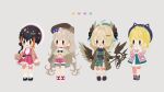  4girls ahoge animal_hat aqua_eyes aqua_hair ascot beret black_hair blonde_hair blue_ascot blue_eyes blush_stickers brown_coat cat_hat coat deformed dress enna_alouette enna_alouette_(3rd_costume) fish_hair_ornament grey_background grey_hair hair_bun hair_ornament hat head_wings heart highres low_wings millie_parfait millie_parfait_(3rd_costume) monya_vvv multicolored_hair multiple_girls nijisanji nijisanji_en pentomo_(petra_gurin) petra_gurin petra_gurin_(3rd_costume) plaid_clothes plaid_dress purple_eyes red_eyes reimu_endou reimu_endou_(3rd_costume) side_ponytail simple_background single_mechanical_wing single_side_bun sleeves_past_fingers sleeves_past_wrists streaked_hair sweater virtual_youtuber wings zuttomo_(nijisanji) 