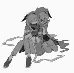  2girls absurdres animal_ears arknights chinese_commentary commentary_request crownslayer_(arknights) crying dopperu_ben dual_persona gloves greyscale highres holding holding_knife hood hood_up hooded_coat hug hug_from_behind hyena_ears knife long_sleeves looking_down monochrome multiple_girls pants pantyhose pantyhose_under_shorts shirt short_hair short_sleeves shorts torn_clothes torn_pantyhose white_shirt 