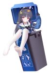  1girl absurdres animal_ears binoculars black_gloves black_hair blue_archive blue_shirt chcc331899 closed_mouth fake_animal_ears flashlight gloves green_neckerchief hand_up highres leaf leaf_on_head light_blush long_hair long_sleeves looking_at_viewer miyu_(blue_archive) neckerchief no_shoes pantyhose rabbit_ears red_eyes sailor_collar shirt sidelocks soles solo stuck toes trash_can white_background white_pantyhose white_sailor_collar 