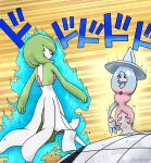  2019 3_fingers absurd_res baterco blue_hair clothing duo female fingers gardevoir green_hair hair hat hatterene headgear headwear hi_res humanoid jojo&#039;s_bizarre_adventure meme menacing_(meme) menacing_approach multicolored_hair nintendo not_furry onomatopoeia parody pink_hair pok&eacute;mon pok&eacute;mon_(species) red_eyes signature simple_background sound_effects text two_tone_hair video_games walking witch_hat 