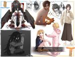  2boys 6+girls absurdres animal barefoot beard bird black_shirt black_wings blood brown_hair brown_skirt brown_sweater cat_baguette_(popopoka) crow dark_souls_(series) dog english_text erika_(popopoka) facial_hair highres long_hair low_twintails mimi_(popopoka) multiple_boys multiple_girls open_mouth original pacifier popopoka portal_(object) self-harm_scar shirt shoes short_hair short_sleeves sitting skirt sophie&#039;s_dog_(popopoka) sophie_(popopoka) sweater teeth tongue tongue_out twintails wings 