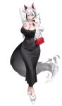  1girl absurdres animal_ears arm_behind_head arm_up bag bare_shoulders black_dress breast_tattoo breasts chano39 cleavage commentary commission covered_navel cropped_jacket crossed_legs dongtan_dress dress flower full_body fur_trim grin hair_flower hair_ornament hairpin hand_up highres holding holding_phone jacket jewelry large_breasts long_hair looking_at_viewer multicolored_hair necklace off_shoulder original phone red_eyes sandals shoulder_bag simple_background sleeveless sleeveless_dress smile solo spider_lily standing streaked_hair tail tattoo taut_clothes taut_dress watson_cross white_background white_hair white_jacket white_sandals wolf_ears wolf_girl wolf_tail 