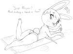  2020 animal_crossing anthro beach_towel bikini bikini_bottom bikini_top black_and_white bodily_fluids bonbon_(animal_crossing) clothed clothing dialogue english_text female lagomorph leporid looking_at_viewer looking_back looking_back_at_viewer lying mammal monochrome nintendo on_front one_leg_up rabbit raised_leg sketch solo sun_lotion sunbathing sweat swimwear talking_to_viewer text topless topless_anthro topless_female towel video_games w4g4 