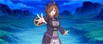  1girl ahoge breasts brown_eyes brown_hair cloud cloudy_sky cowboy_shot cross_brooch dress game_cg gold_trim hair_over_one_eye highres hood hood_up hooded_robe horizon horned_hood horns kono_subarashii_sekai_ni_shukufuku_wo! konosuba!_fantastic_days landscape large_breasts light_blush long_dress long_hair looking_at_viewer mountainous_horizon night official_art one_eye_covered open_mouth outdoors outstretched_arms purple_dress purple_robe robe sidelocks sky solo standing star_(sky) starry_sky tachi-e wiz_(konosuba) 