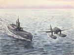  aircraft aircraft_catapult airplane atelier_bono commentary_request floatplane highres i-400_(submarine) imperial_japanese_navy m6a_seiran military military_vehicle no_humans ocean original outdoors painting_(medium) propeller propeller_fighter seaplane ship submarine traditional_media vehicle_focus warship watercolor_(medium) watercraft waves 
