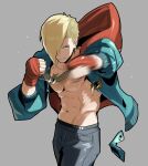  1boy abs absurdres aqua_eyes arms_up asymmetrical_hair bare_pectorals black_male_underwear blonde_hair blue_pants clenched_hands closed_mouth denim ed_(street_fighter) feet_out_of_frame flying_sweatdrops grey_background groin hair_over_one_eye hand_wraps highres hood hood_down hooded_jacket jacket jeans jewelry long_sleeves looking_at_viewer male_focus male_underwear male_underwear_peek multicolored_jacket navel necklace one_eye_covered outstretched_arm pants pectorals punching red_hood sach56000 sanpaku short_sideburns simple_background solo sparkle standing street_fighter street_fighter_6 two-tone_jacket underwear 