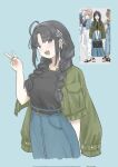  1girl ahoge awa_subaru belt black_belt black_hair black_shirt blue_background blue_skirt braid chinese_commentary commentary_request dazhong_(dazhong02312) girls_band_cry green_jacket green_nails hair_ribbon highres jacket jacket_on_shoulders long_hair nail_polish open_clothes open_jacket parted_bangs purple_eyes reference_inset ribbon shirt simple_background skirt solo teeth twin_braids upper_teeth_only v white_ribbon 
