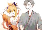  1boy 1girl arm_tattoo armpits arms_up bandaged_arm bandages breasts brown_eyes butterfly_choker chest_sarashi chest_tattoo cleavage commentary_request commission eyeliner facing_viewer father_and_daughter fingerless_gloves fingernails genshin_impact gloves gradient_background grey_hair grey_kimono grin hadanugi_dousa hand_up highres japanese_clothes kimono large_breasts long_fingernails looking_at_another makeup mixed-language_commentary naganohara_ryuunosuke nail_polish obi orange_kimono orange_nails parted_lips pixiv_commission ponytail pyro_symbol_(genshin_impact) red_eyeliner sarashi sash short_hair side-by-side simple_background single_glove smile tatata_taira tattoo tying_hair upper_body vision_(genshin_impact) yellow_eyes yoimiya_(genshin_impact) 
