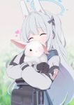 1girl ^_^ absurdres animal animal_ears black_bow black_gloves blue_archive blue_halo blue_serafuku blush bow closed_eyes commentary cowboy_shot crossed_arms facing_viewer fake_animal_ears gloves green_background grey_hair hair_between_eyes hair_bow halo happy heart highres holding holding_animal long_hair miyako_(blue_archive) natsukage_ao one_side_up pyonko_(blue_archive) rabbit rabbit_ears sailor_collar school_uniform serafuku sidelocks simple_background solo two-tone_background very_long_hair white_background white_rabbit_(animal) white_sailor_collar x_mouth 