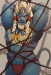  1boy armpits arms_up bara blue_fur blush bound bound_arms braid broken_horn bulge chest_hair closed_mouth drooling earrings final_fantasy final_fantasy_x fundoshi furry furry_male gagged highres horns japanese_clothes jewelry kimahri_ronso korosuke556 looking_at_viewer male_focus muscular muscular_male red_fundoshi ronso rope saliva shibari single_horn sweat tail topless_male twin_braids very_sweaty white_hair 