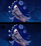  1girl ^_^ blue_hair blue_shawl bubble closed_eyes closed_mouth earrings eyelashes eyeshadow folded_fan folding_fan hair_over_one_eye hairband hand_fan highres holding holding_fan jewelry long_hair makeup multiple_earrings multiple_views octoling red_eyes red_eyeshadow ribonhaato shark sharp_teeth shawl shiver_(deep_cut_outfit)_(splatoon) shiver_(splatoon) short_eyebrows smile splatoon_(series) splatoon_3 teeth tentacle_hair thick_eyebrows tooth_earrings white_hairband 