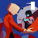  1boy 1other ant_tenna antennae armor black_hair black_pants blue_background blue_skin cape colored_skin confetti crt deltarune gashapon gloves hair_over_one_eye holding kris_(dark_world)_(deltarune) kris_(deltarune) long_nose object_head pants partially_shaded_face pointy_nose red_cape red_eyes shiwu15 short_hair tailcoat torn_cape torn_clothes white_gloves 
