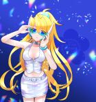  1girl bare_shoulders blonde_hair blue-tinted_eyewear blue_background blue_eyes breasts ciel_(mega_man) cleavage collarbone commission cowboy_shot high_ponytail highres long_hair medium_breasts mega_man_(series) mega_man_zero_(series) ponytail rikka_(user_hruv2435) simple_background skirt solo sunglasses tinted_eyewear vest vgen_commission white_skirt white_vest 