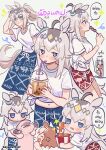  2girls ahoge animal_ears belno_light_(umamusume) blue_eyes blush bow breasts brown_hair bubble_tea bucket cat chibi chicken_(food) closed_eyes closed_mouth drink drinking_straw ear_bow ear_ornament eating eyemethyst food fried_chicken glutton grey_hair grey_tail hair_between_eyes hair_ornament hairband halftone hashtag-only_commentary highres holding horse_ears horse_girl horse_tail letter_hair_ornament long_hair looking_at_viewer midriff multicolored_hair multiple_girls multiple_views navel oguri_cap_(umamusume) open_mouth pants shirt shish_kebab short_hair short_sleeves smile tail thai_text tied_shirt twitter_username two-tone_hair umamusume umamusume:_cinderella_gray white_hair white_shirt 